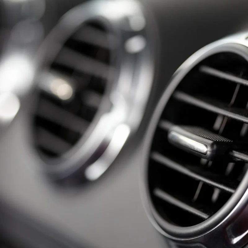 Close-up of a round chrome-trimmed air conditioning vent on a black car dashboard, with a second vent blurred in the background.