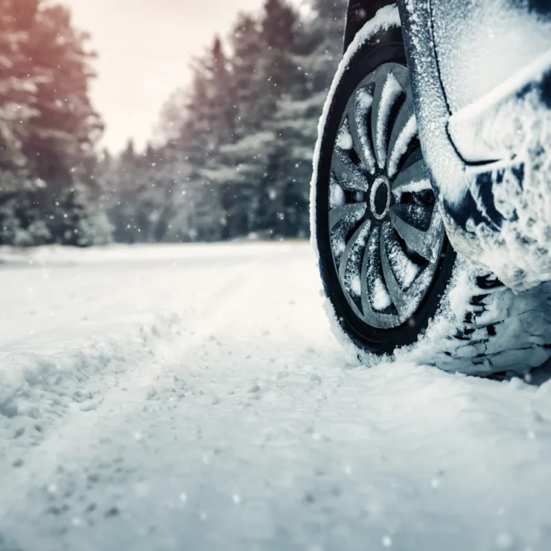 Close-up of a snow-covered car tire and wheel on a snowy road lined with evergreen trees during a snowfall.